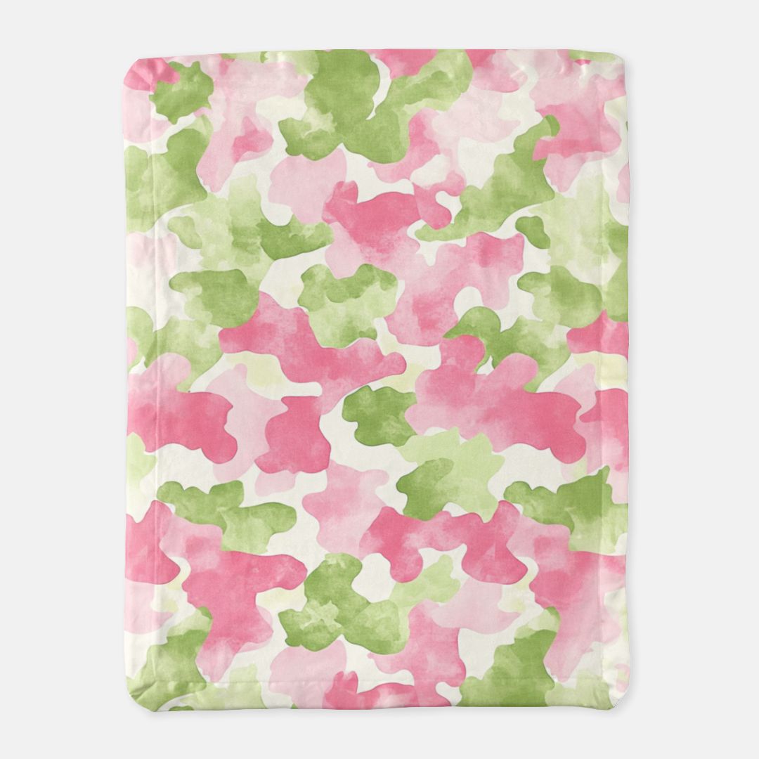 Pink and Green Camo Satin Trim Blanket