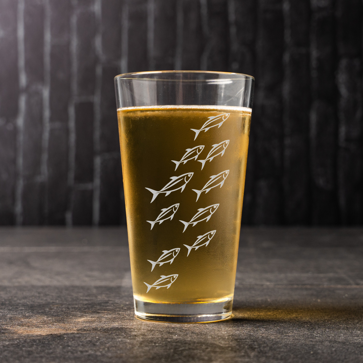 Etched Fish Pint Glass