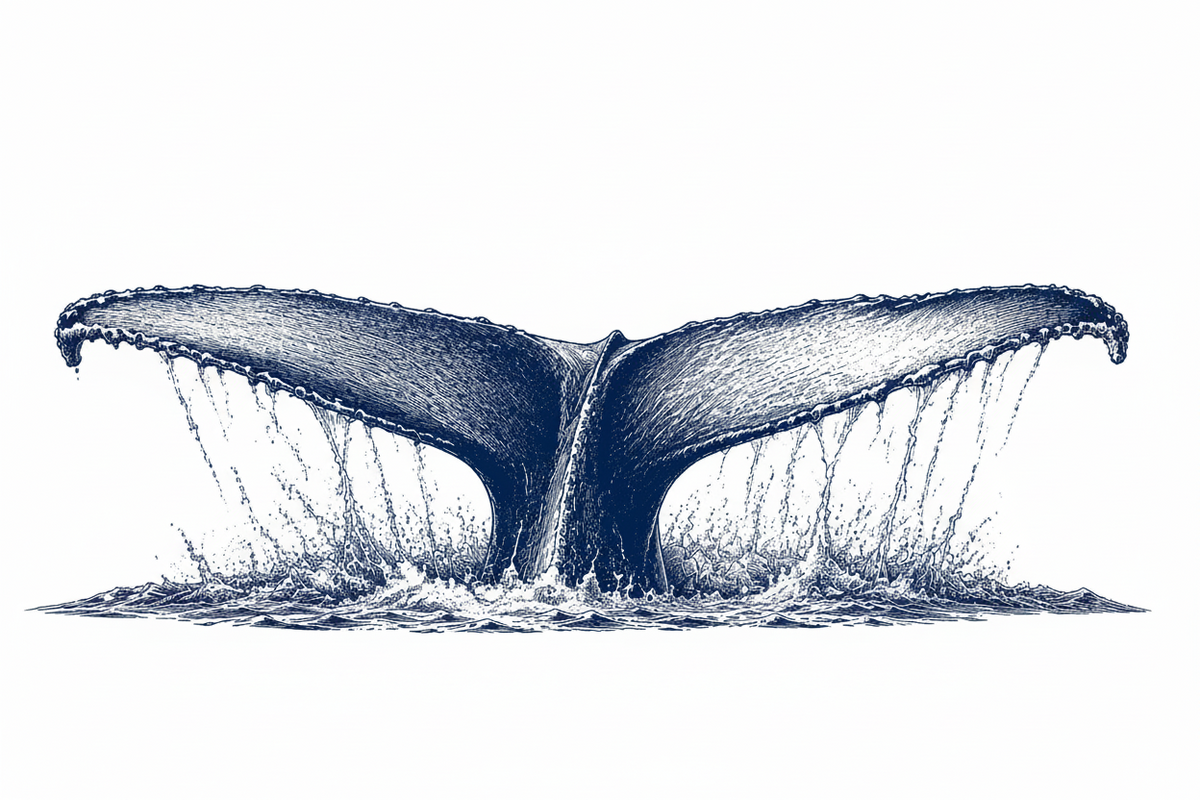 A monochrome sketch-style illustration of a whale tail rising from the water, with dramatic spray around it, shown on a transparent/checkered background.